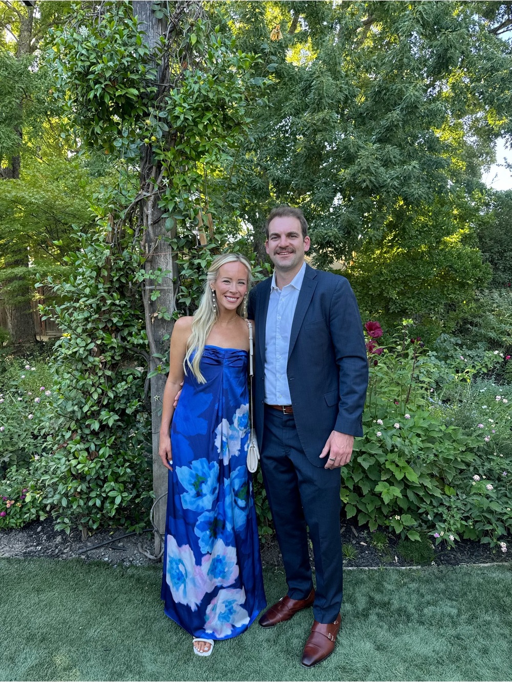 Badgley Mischka Blue Floral Strapless Gown